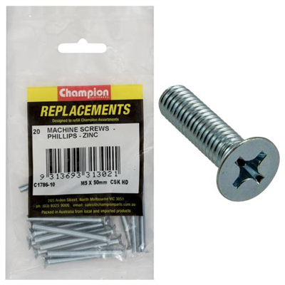 Champion M5 x 50mm Machine Screw -Csk -Ph -20pk