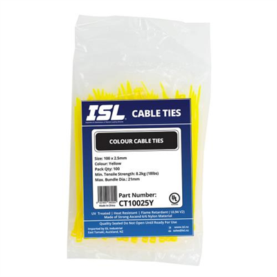ISL 100 x 2.5mm Nylon Cable Tie - Yellow - 100pk
