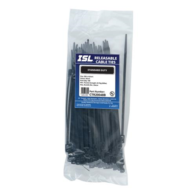 ISL 200 x 4.8mm UV Nylon Releasable Cable Tie - Blk - 100pk